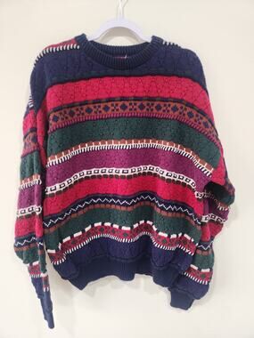 Vintage 90s Jo S.A. Banks 3D Knit Crewneck Pullover Sweater Mens XL Multicolor